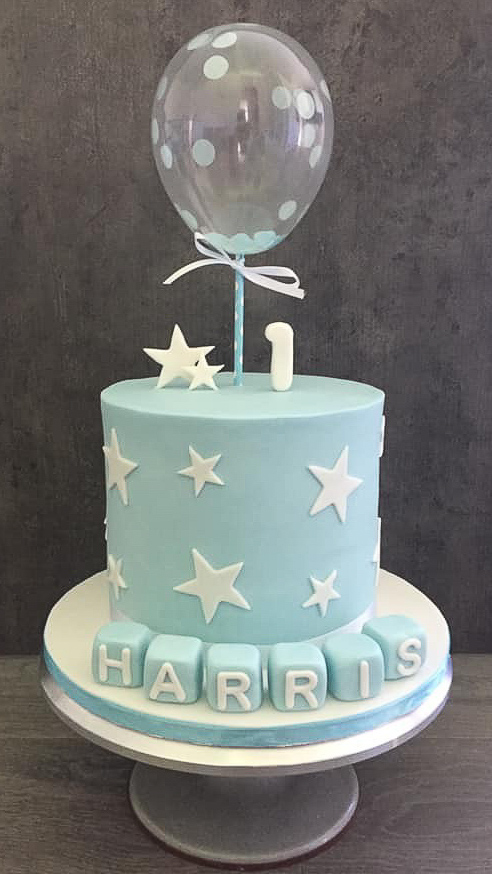 Blue Birthday cake with cake balloon