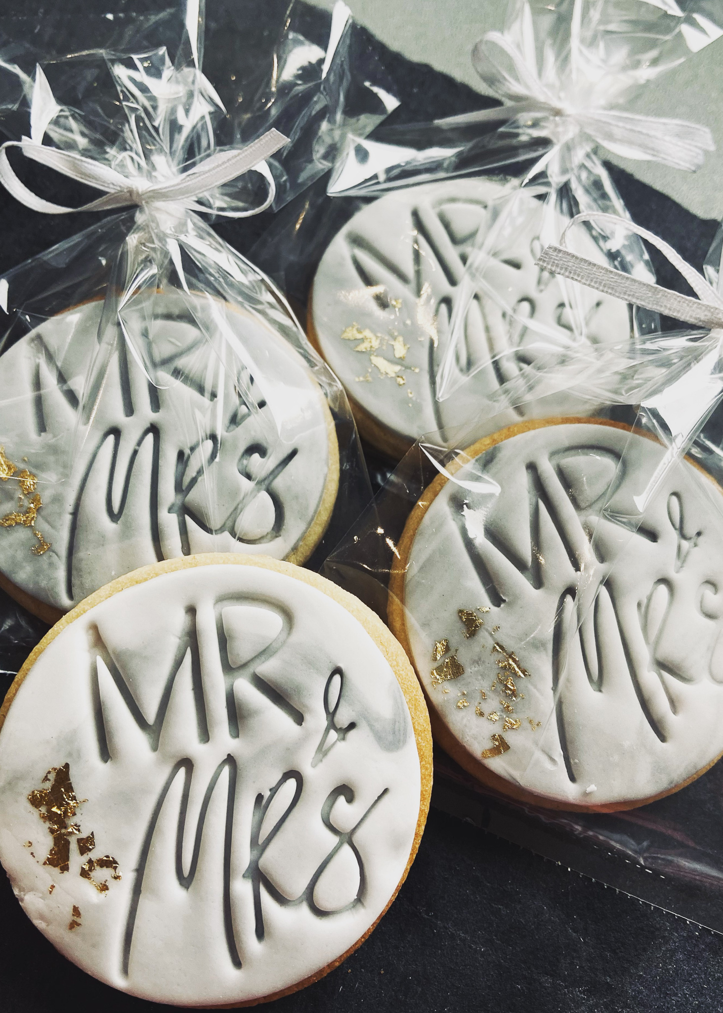 Grey marble Mr and Mrs wedding favour iced biscuits
