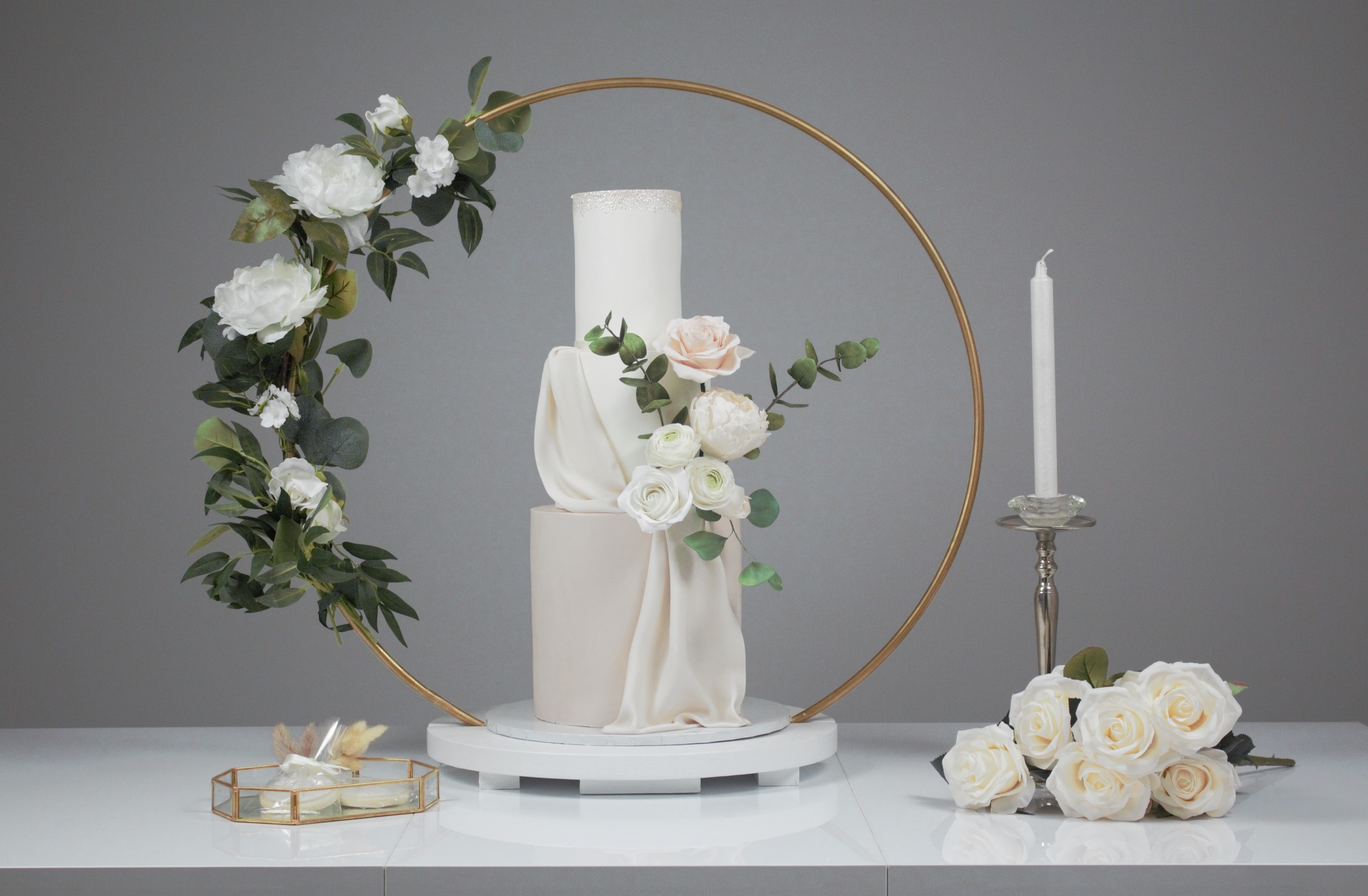 luxury wedding cake Aberdeen Scotland floral hoop frame sugar flowers