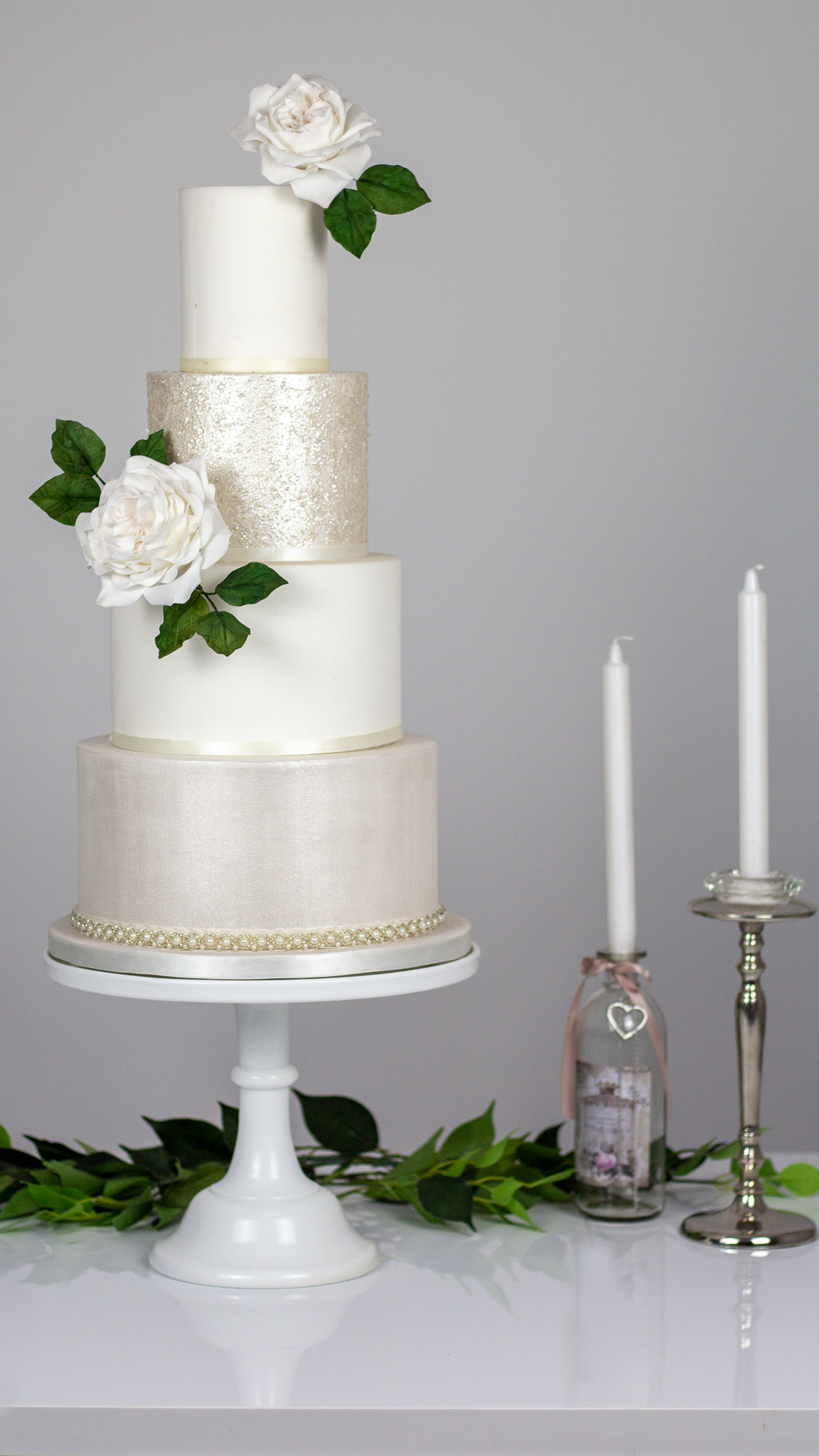 Luxury Lustered Champagne Sparkles Wedding Cake with Sugar Roses