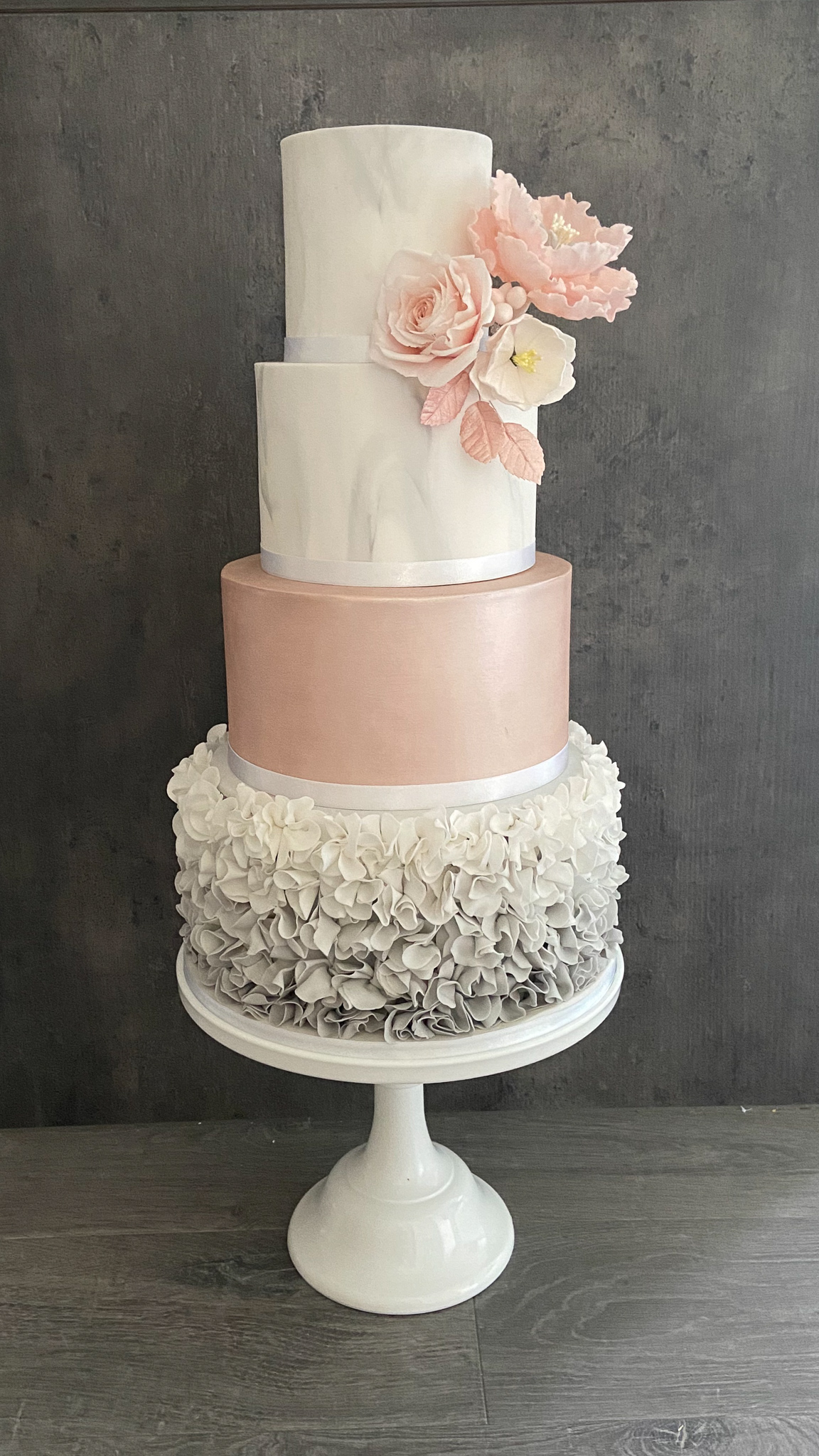 Ombre grey to white ruffles wedding cake four tier