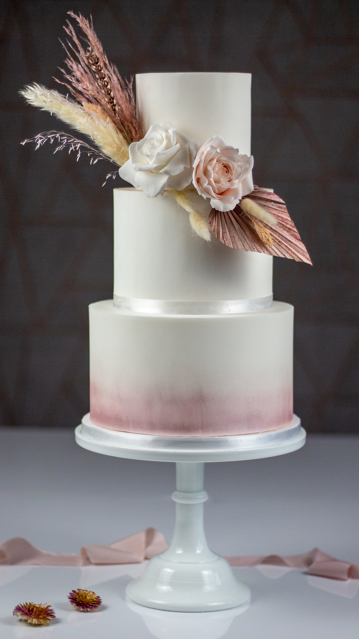 Pink Air Brushed Wedding Cake with Sugar Roses and dried blooms
