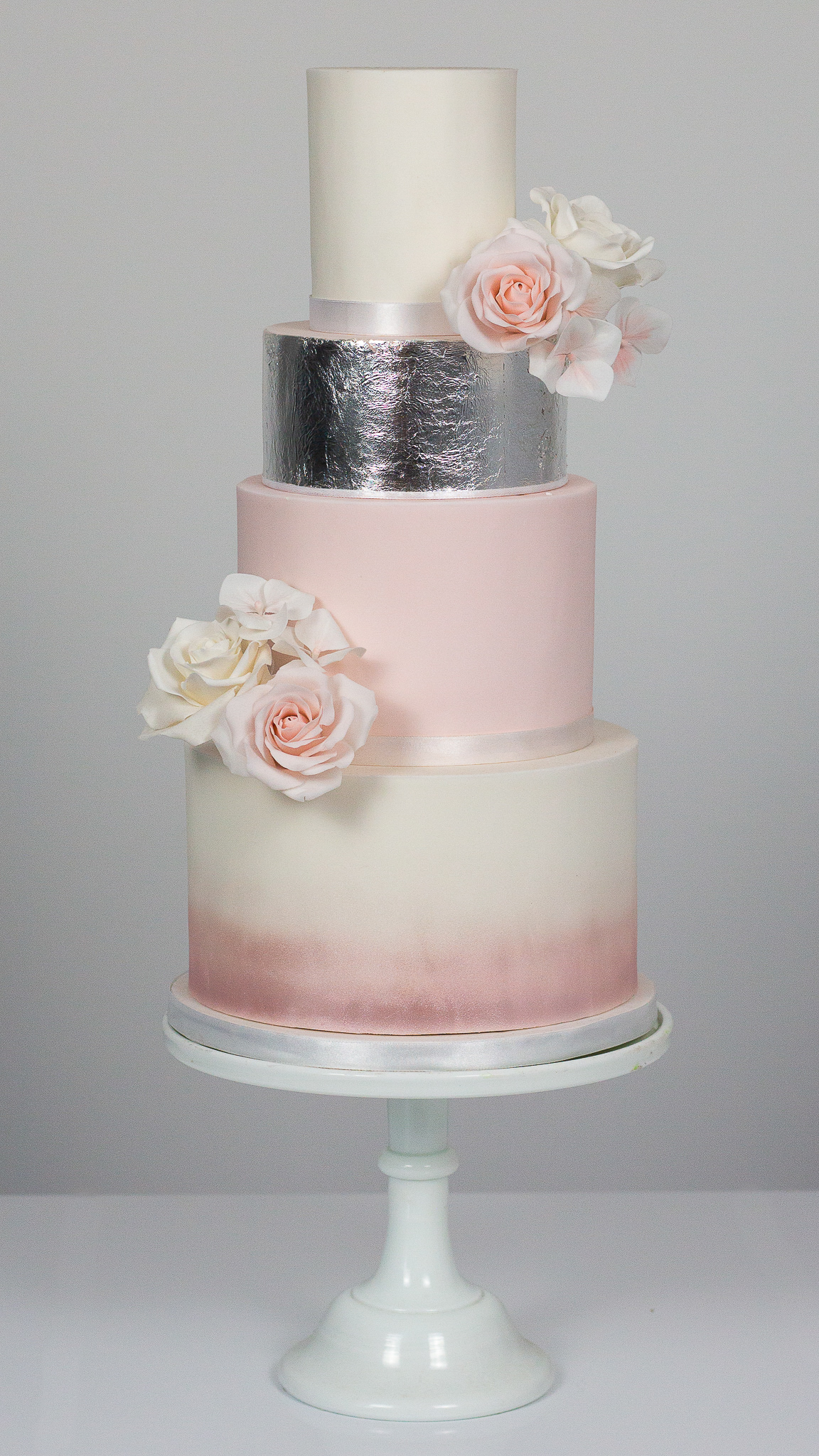 Contemporary wedding cake with stencil and David Austin rose